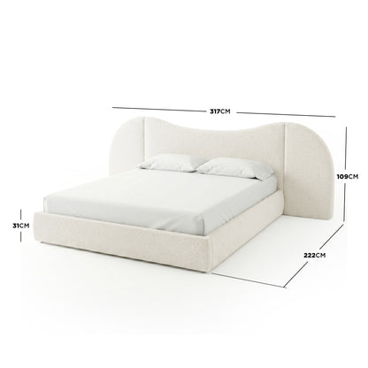 Cream boucle king bed frame with curved headboard and gas lift storage base, dimensions 317cm x 222cm x 109cm