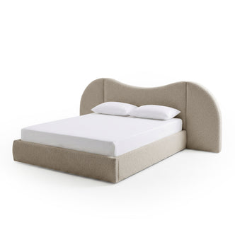Lila Queen Boucle Gas Lift Storage Bed Frame in Beige with curved headboard and white mattress