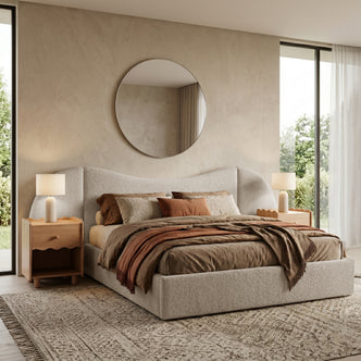 Lila Queen Boucle Gas Lift Storage Bed Frame in Beige with curved headboard and textured upholstery