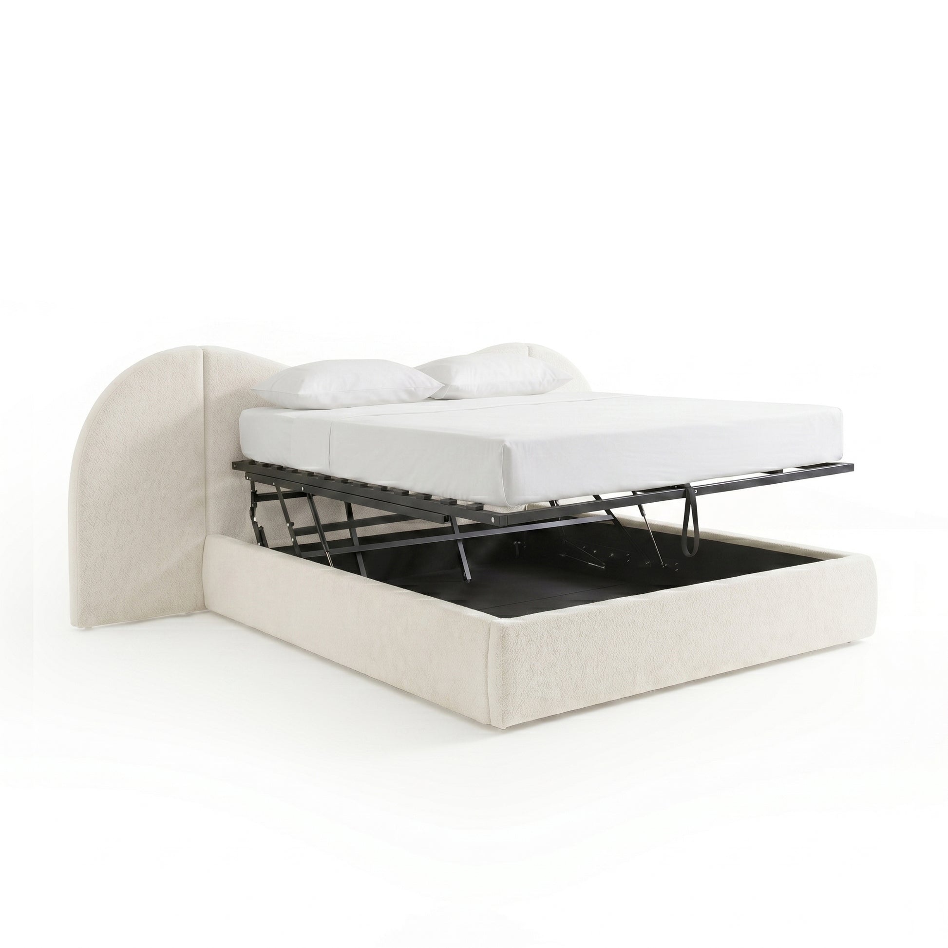 Cream white boucle upholstered queen bed frame with curved headboard, gas lift mechanism and open under-bed storage