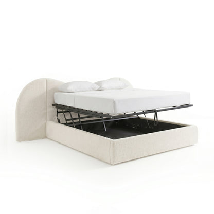 Cream white boucle upholstered queen bed frame with curved headboard, gas lift mechanism and open under-bed storage