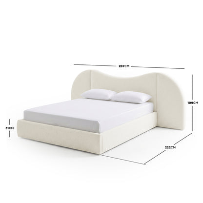 Cream white boucle queen bed frame with curved headboard and gas lift storage, shown with dimensions 287cm x 222cm x 109cm