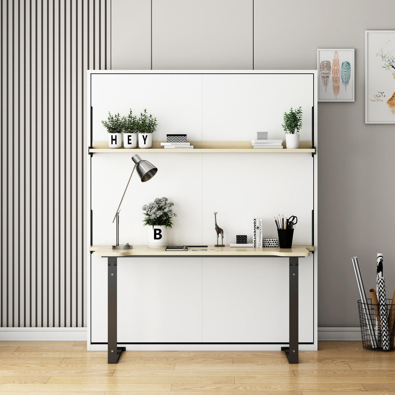 Logan & Cybele Queen Murphy Bed & Mattress Set in White, featuring a wall-mounted desk with decorative items, including plants, figurines, and prints, ideal for stylish space-saving solutions.