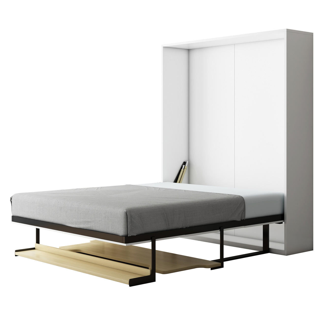 Logan & Cybele Queen Murphy Bed & Mattress Set in White, featuring a sleek wall-mounted cabinet and fold-down metal frame with a light gray-dressed mattress, and integrated wood-tone shelf.