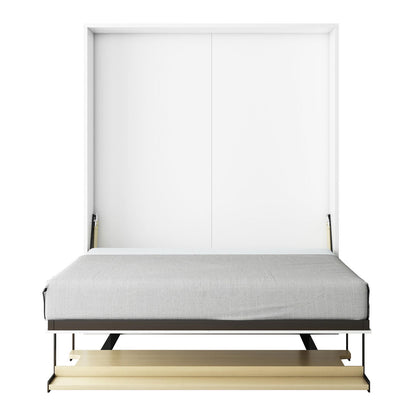 Logan & Cybele Queen Murphy Bed & Mattress Set in White, featuring a wall-mounted fold-out bed with a gray mattress on a dark platform, integrated light wood shelf, and white frame.