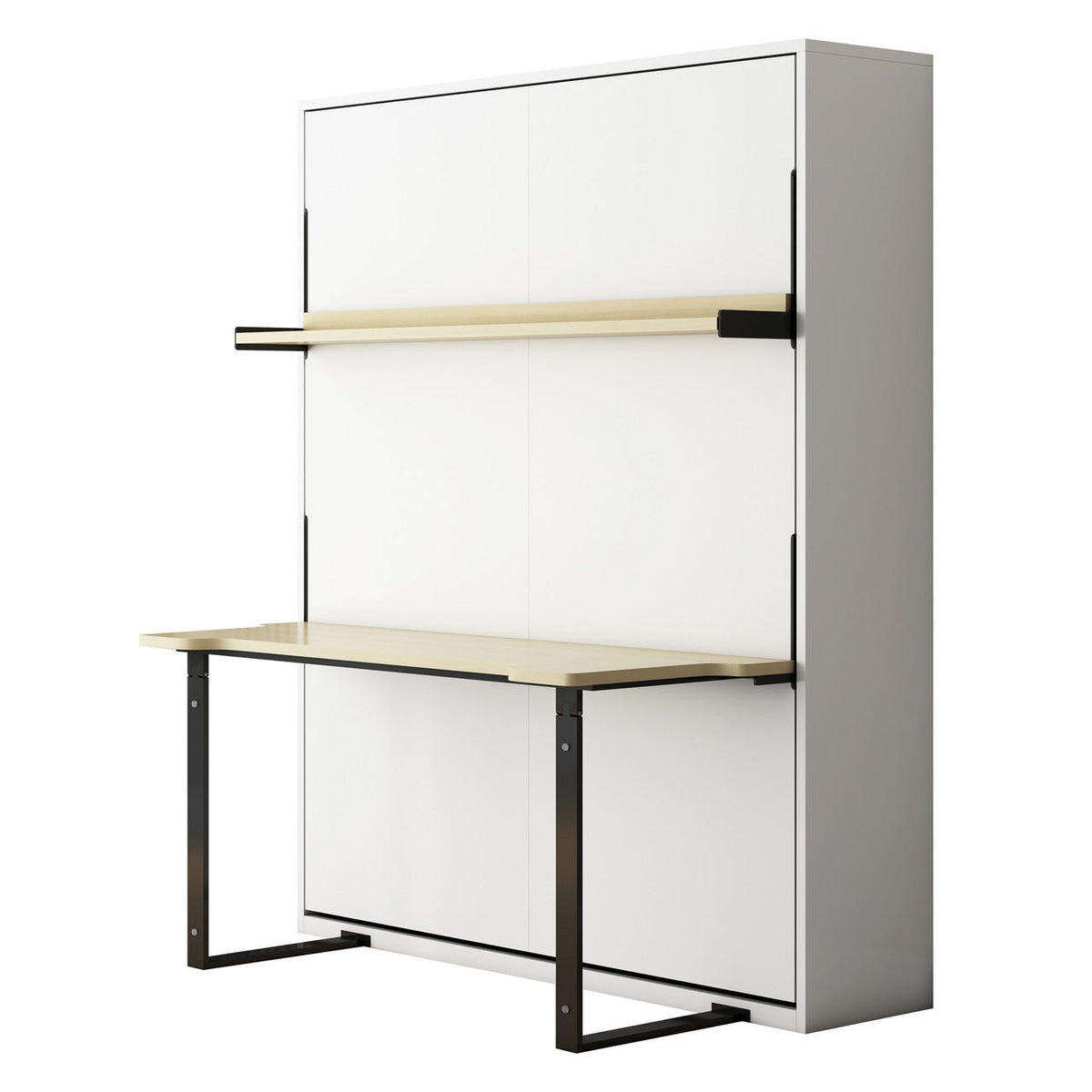 Logan & Cybele Queen Murphy Bed & Mattress Set in White; a wall-mounted fold-down desk unit, showcasing a sleek white cabinet with fold-out light-wood desk and matching shelf on black metal supports.
