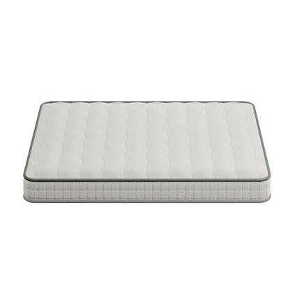Logan & Cybele Queen Murphy Bed & Mattress Set in White features a quilted, rectangular white-and-light-gray mattress atop a sleek, space-saving foldout wall bed with integrated desk and shelf.