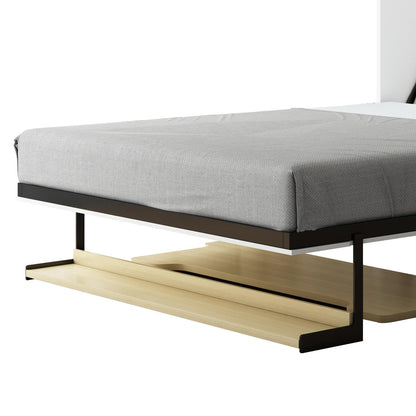 Logan & Cybele Queen Murphy Bed & Mattress Set in White features a low-profile black metal frame with a grey-covered mattress and a light-wood pull-out shelf integrated into the base.