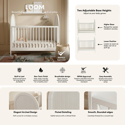 Loom Natural Pine Adjustable Baby Cot in White styled in a room setting