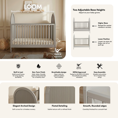 Loom Natural Pine Adjustable Baby Cot in Warm Light Grey styled in a room setting