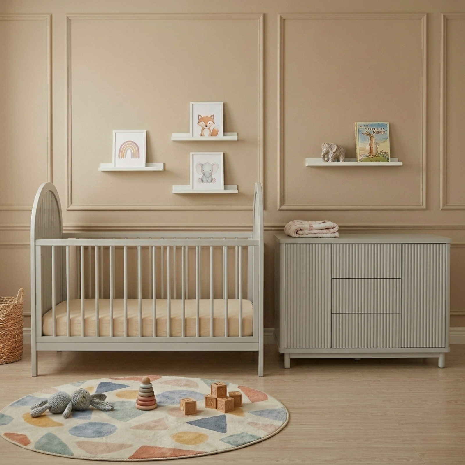 Warm light grey adjustable baby cot with curved headboard in nursery with matching dresser