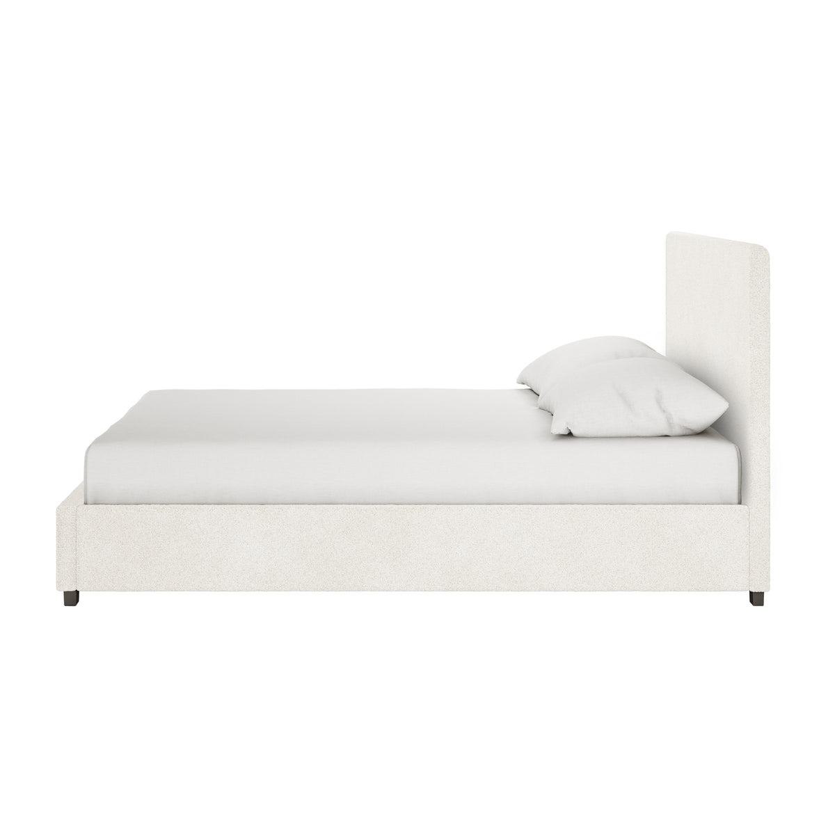 Lovita Double Bouclé Bed Frame with Gas Lift Storage in cream white, side view showing low footboard, rectangular headboard, and neatly made mattress, highlighting its modern, functional design.
