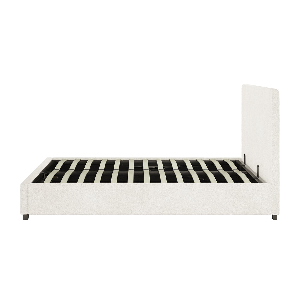 Lovita Double Bouclé Bed Frame with Gas Lift Storage features a low-profile design, upholstered in bouclé, with a rectangular headboard, wooden slats, and block-style legs, showcasing practical elegance without a mattress.