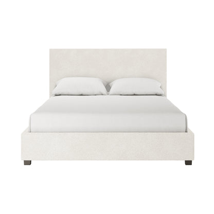 Lovita Queen Bouclé Bed Frame with Gas Lift Storage features a low-profile footboard and tall headboard in a modern design, dressed in white linens and pillows against a white backdrop.