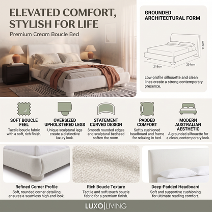 A product feature infographic for the Premium Cream Boucle Bed, highlighting its soft boucle texture, oversized upholstered legs, statement curved design, padded comfort, modern Australian aesthetic, and dimensions (218 cm width, 234 cm length, 116 cm height).