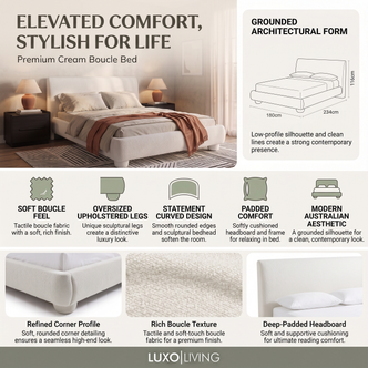 A product feature infographic for the Premium Cream Boucle Bed, highlighting its soft boucle texture, oversized upholstered legs, statement curved design, padded comfort, modern Australian aesthetic, and dimensions (180 cm width, 234 cm length, 116 cm height).