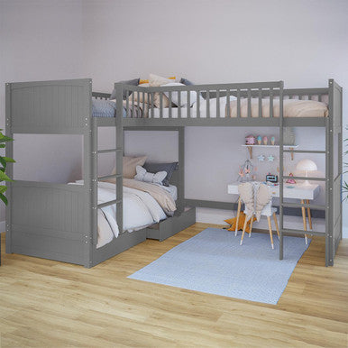Lucy Solid Pine Corner Triple Bunk Bed & Mattress Package - Grey  - Lifestyle