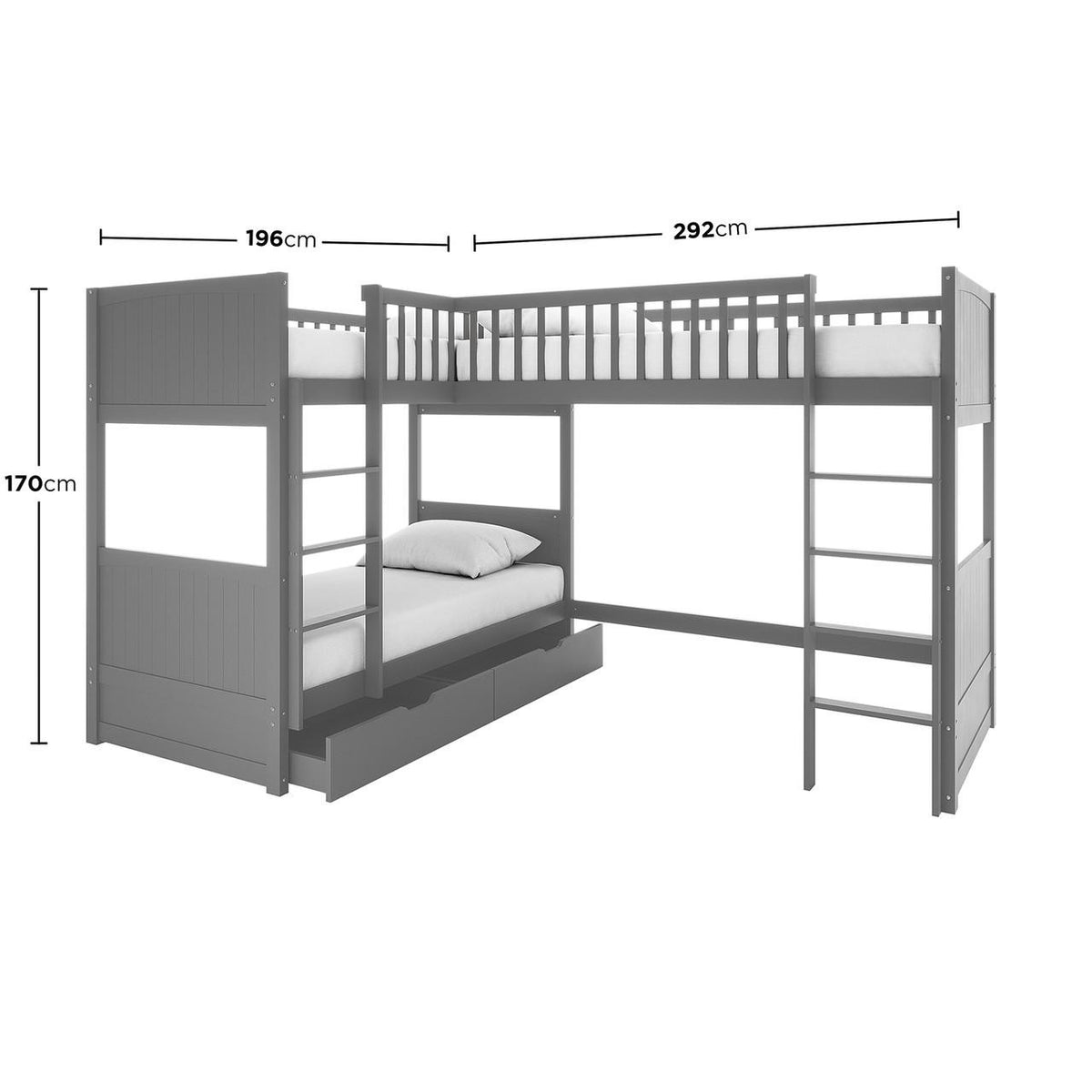 Lucy Solid Pine Corner Triple Bunk Bed & Mattress Package - Grey