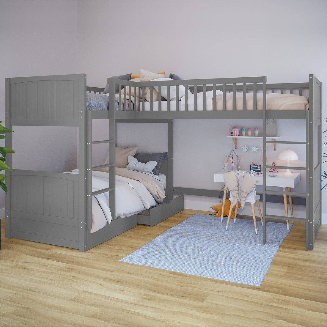 Lucy Triple Bunk Bed with Thermis Mattress Package: L-shaped solid pine corner bunk bed with three stacked beds, featuring a loft area and built-in storage, designed for space-saving and comfort.