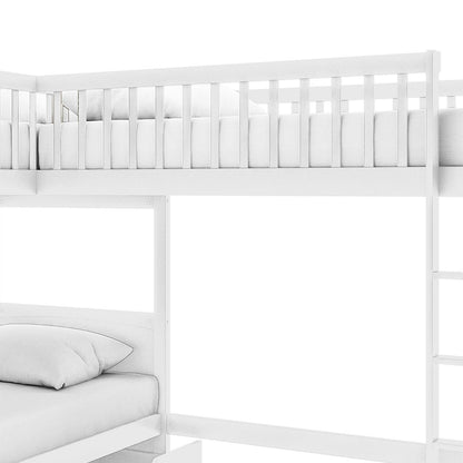 Lucy Solid Pine Wood Corner Triple Loft Bunk Bed in White, showcasing a top bunk with a slatted guardrail, right-side ladder, and lower bunk, ideal for maximizing space in shared children's rooms.