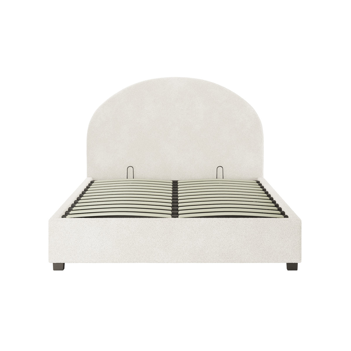 Lunia Double Bouclé Bed Frame with Gas Lift Storage features a gently arched headboard, sprung wood slats, and cream white bouclé upholstery, sitting on short wooden feet, offering elegance and practicality.