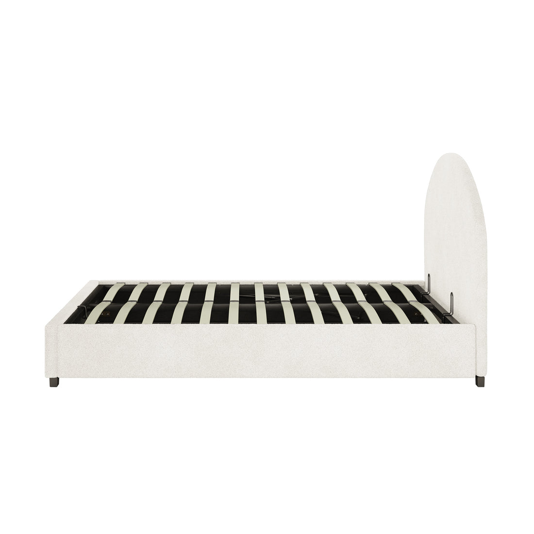 Lunia Double Bouclé Bed Frame with Gas Lift Storage – Cream White, showcasing an upholstered frame with an arched headboard, low footboard, side rails, and visible slatted supports, designed for under-bed storage access.