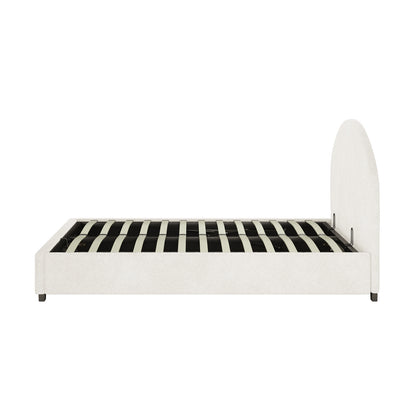 Lunia Double Bouclé Bed Frame with Gas Lift Storage – Cream White, showcasing an upholstered frame with an arched headboard, low footboard, side rails, and visible slatted supports, designed for under-bed storage access.