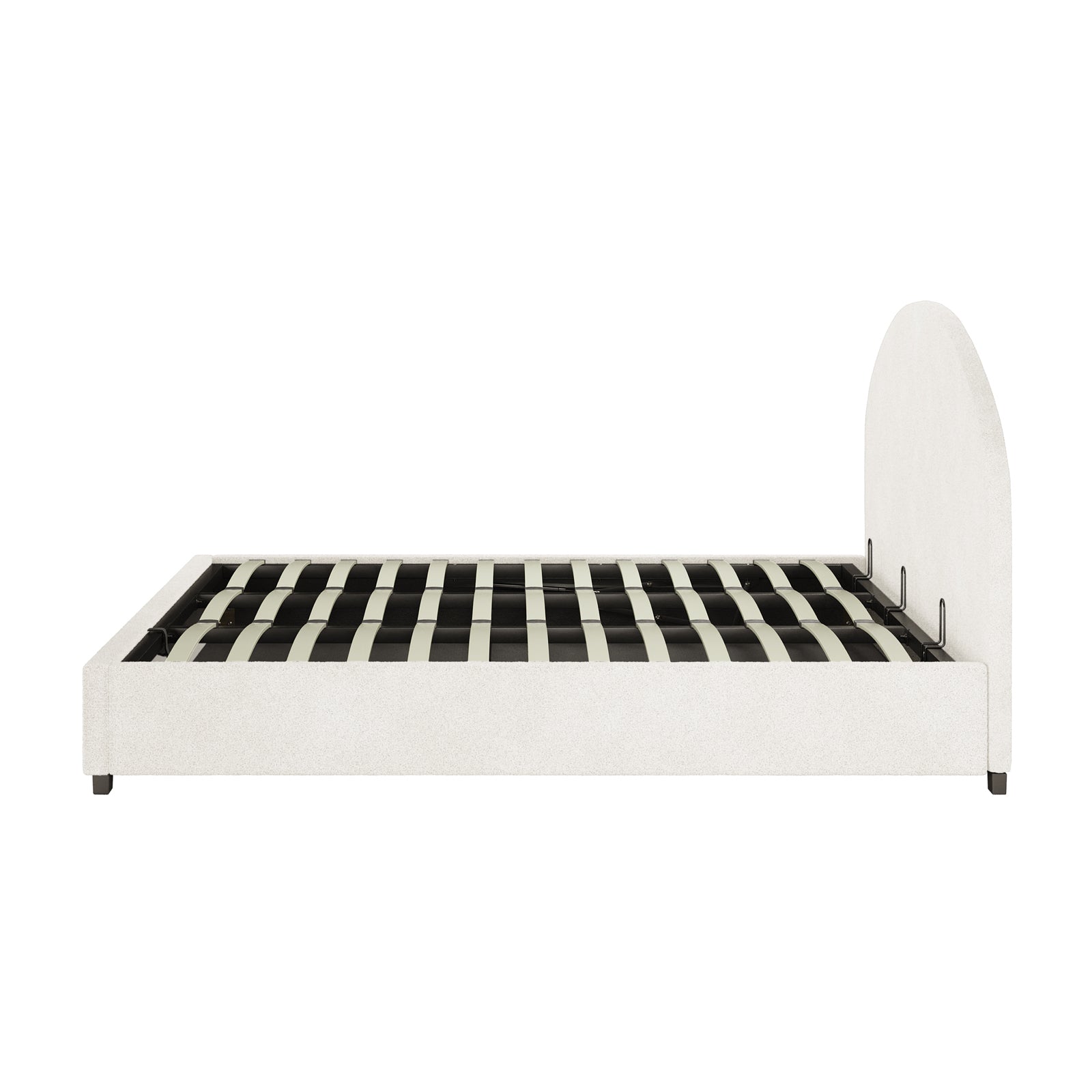 Lunia King Bouclé Bed Frame with Gas Lift Storage, featuring a low-profile design, light fabric upholstery, rounded headboard, and slatted support system, highlighting its modern elegance and practical storage solution.