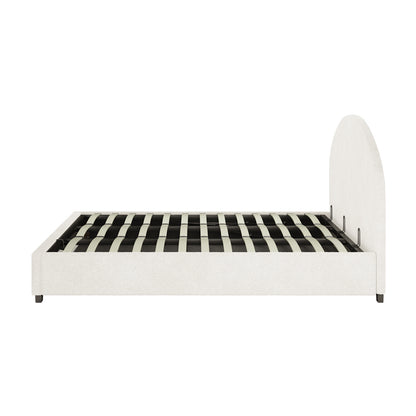Lunia King Bouclé Bed Frame with Gas Lift Storage, featuring a low-profile design, light fabric upholstery, rounded headboard, and slatted support system, highlighting its modern elegance and practical storage solution.