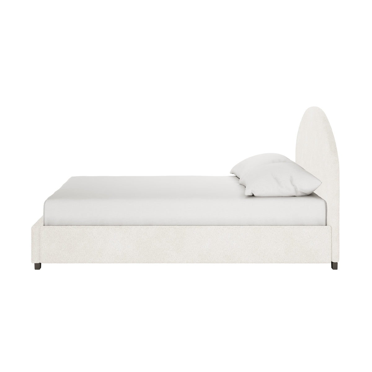 Lunia Queen Bouclé Bed Frame with Gas Lift Storage, showcasing a minimalist, low-profile design with an arched headboard in off-white bouclé fabric, featuring visible side-view elegance and functionality.