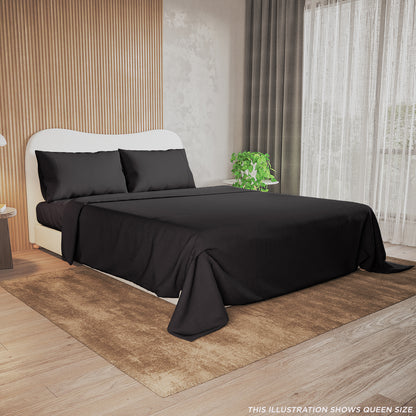 Valeria 1000TC Ultra Soft Bed Sheet Set in black, displayed on a queen size bed with fitted sheet, flat sheet and two
