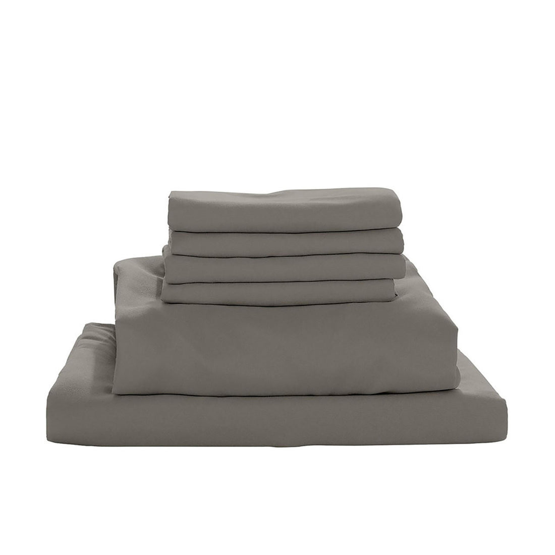 Stack of folded grey sheets, Valeria 1000TC Ultra Soft Bed Sheet Set – King, showcasing luxurious and durable 1000TC microfiber fabric, perfect for enhancing any master bedroom with its elegant design.