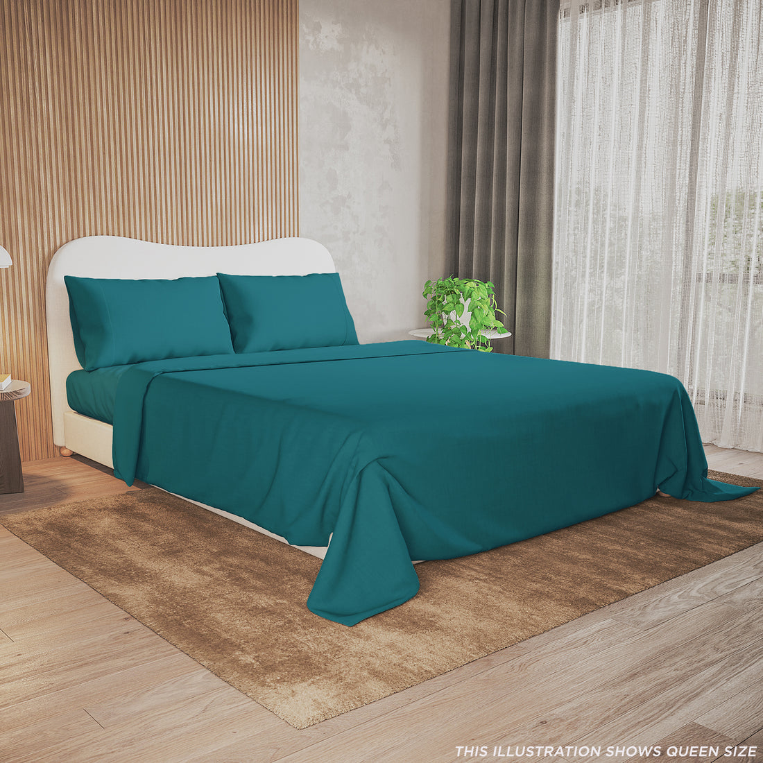 Valeria 1000TC Ultra Soft Bed Sheet Set in Moroccan Blue, King size, displayed on a bed with two pillowcases and a draped