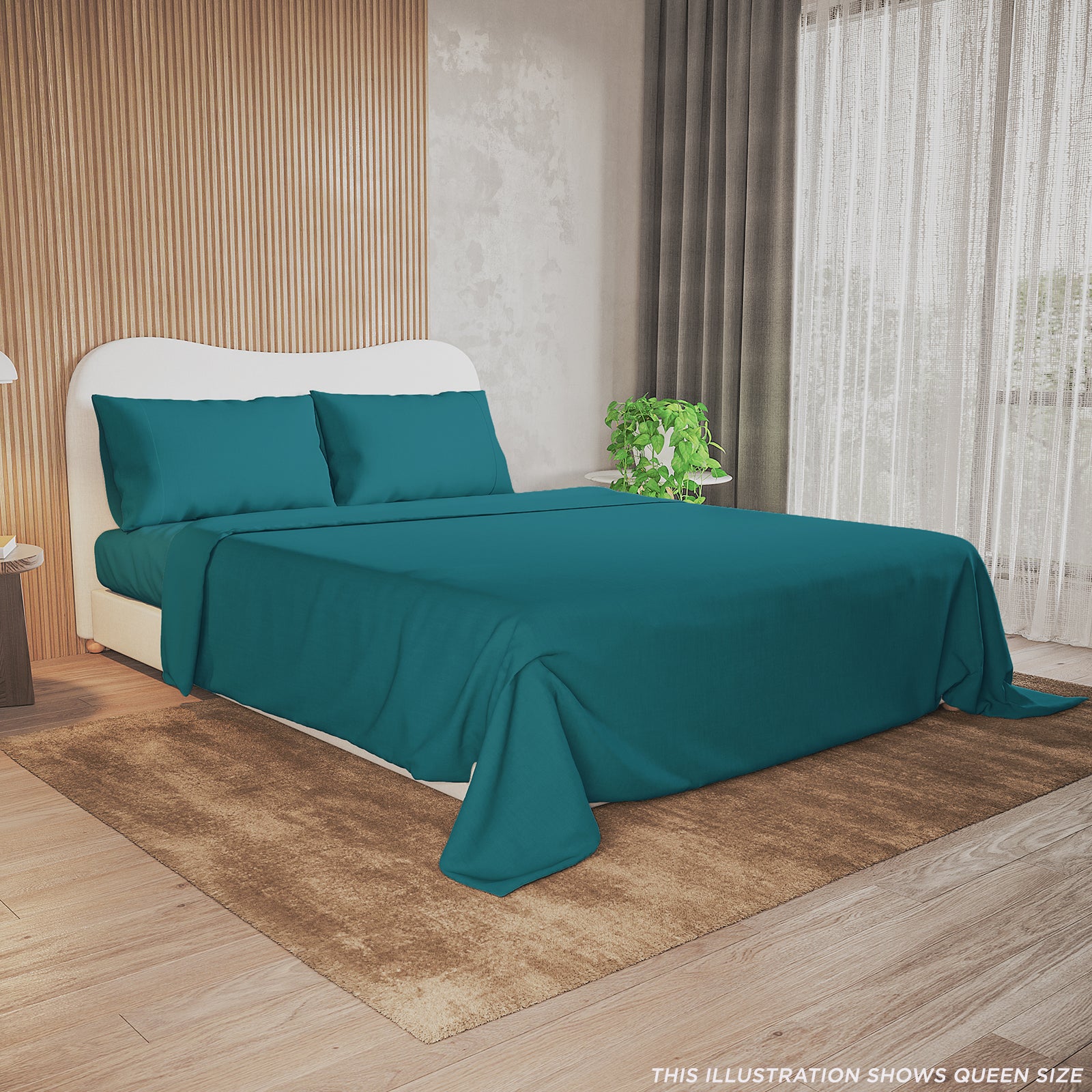 Valeria 1000TC Ultra Soft Bed Sheet Set in Moroccan Blue, King size, displayed on a bed with two pillowcases and a draped