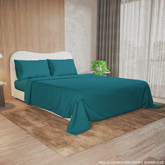 Valeria 1000TC Ultra Soft Bed Sheet Set in Moroccan Blue, King size, displayed on a bed with two pillowcases and a draped