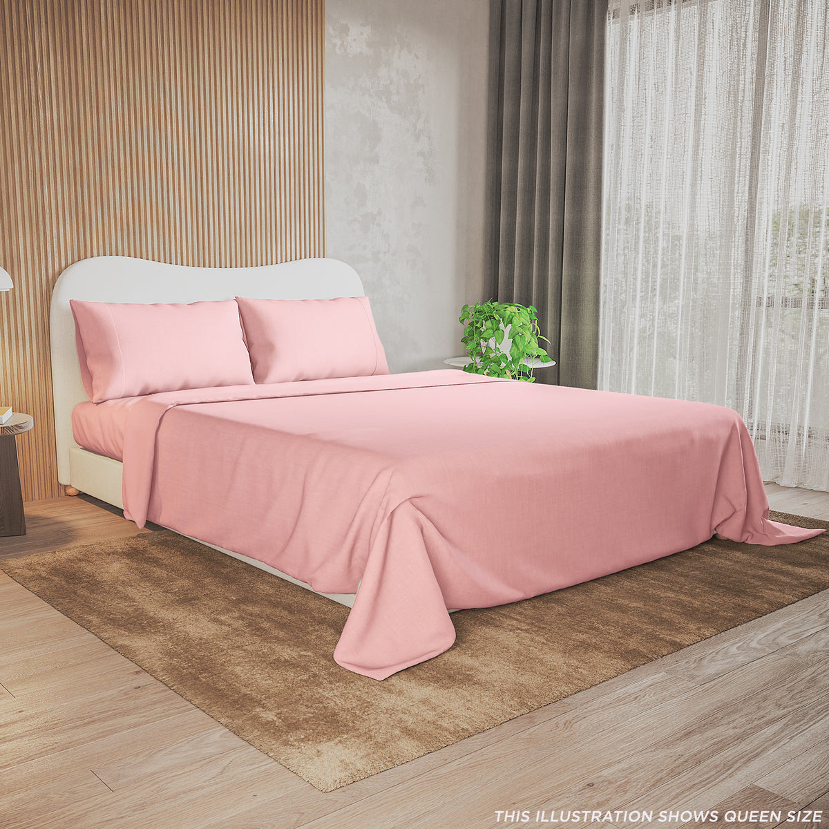 Valeria 1000TC Ultra Soft Bed Sheet Set in Blush, Queen size, displayed on a bed with fitted sheet, flat sheet, and two