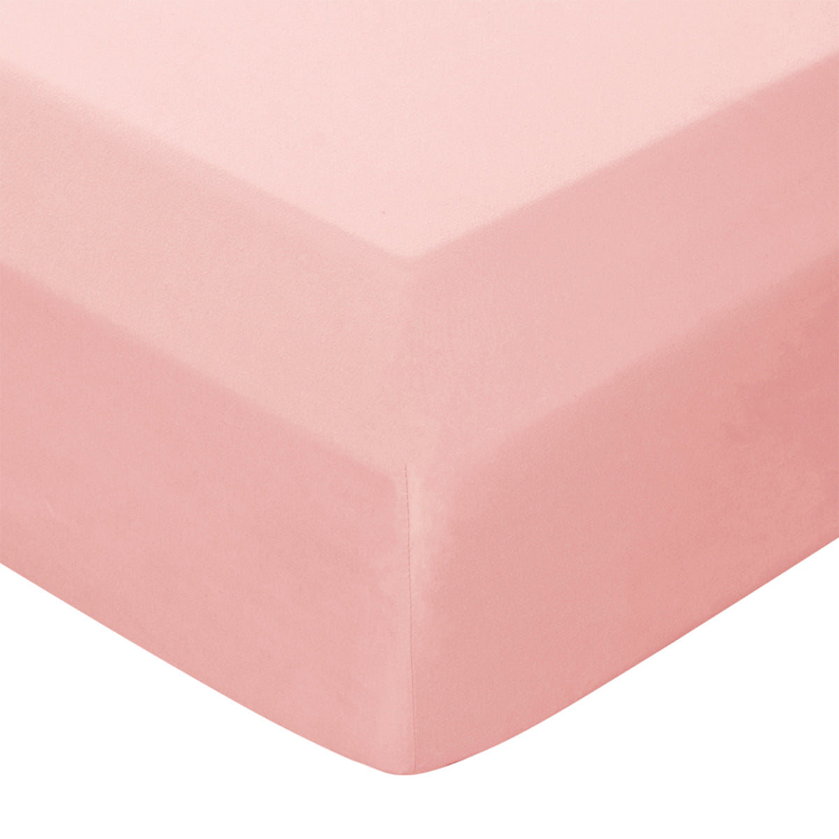 Close-up of blush pink fitted sheet corner with elastic edge