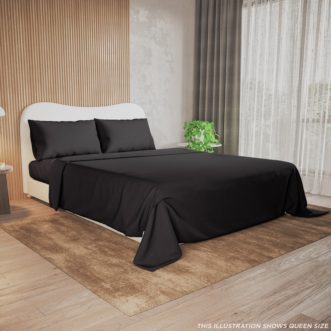 Valeria 1000TC Ultra Soft Bed Sheet Set – Black displayed on a bed, showcasing its luxurious texture and elegant design, perfect for enhancing bedroom decor with sophistication and comfort.