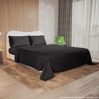 Valeria 1000TC Ultra Soft Bed Sheet Set – Black displayed on a bed, showcasing its luxurious texture and elegant design, perfect for enhancing bedroom decor with sophistication and comfort.