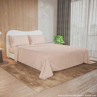 Valeria Single 1000TC Ultra Soft Bed Sheet Set in Cream on a queen-size bed with a rounded white headboard, complemented by a warm-brown rug and a minimalist, contemporary bedroom design.