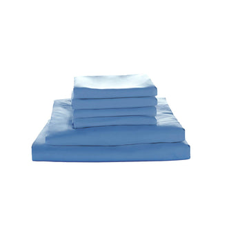 Valeria Super King 1000TC Ultra Soft Bed Sheet Set in Blue, neatly folded, showcasing a fitted sheet, flat sheet, and pillowcases, highlighting its luxurious and comfortable design suitable for super king beds.