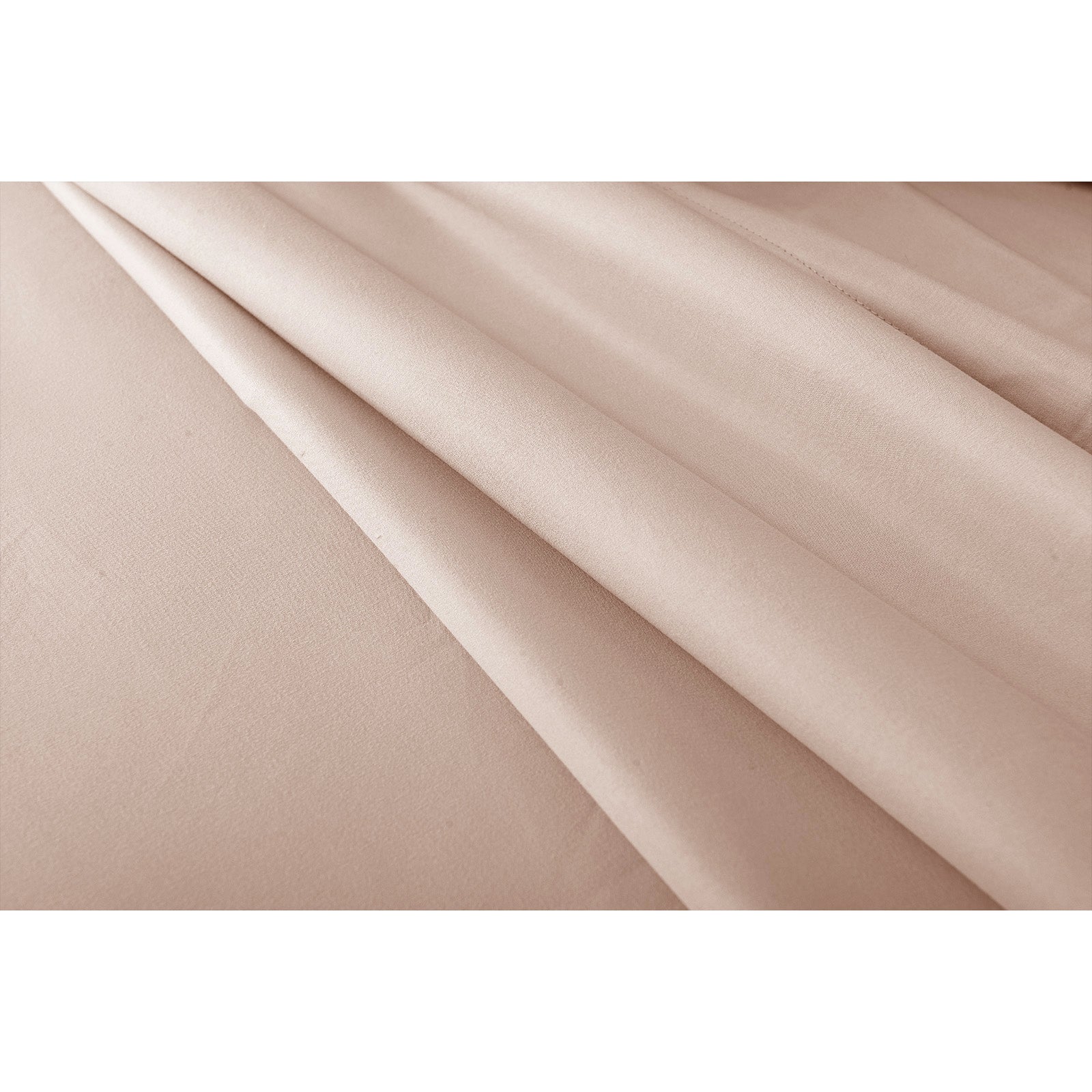 Cream bed sheet fabric with soft folds showing smooth texture and subtle sheen