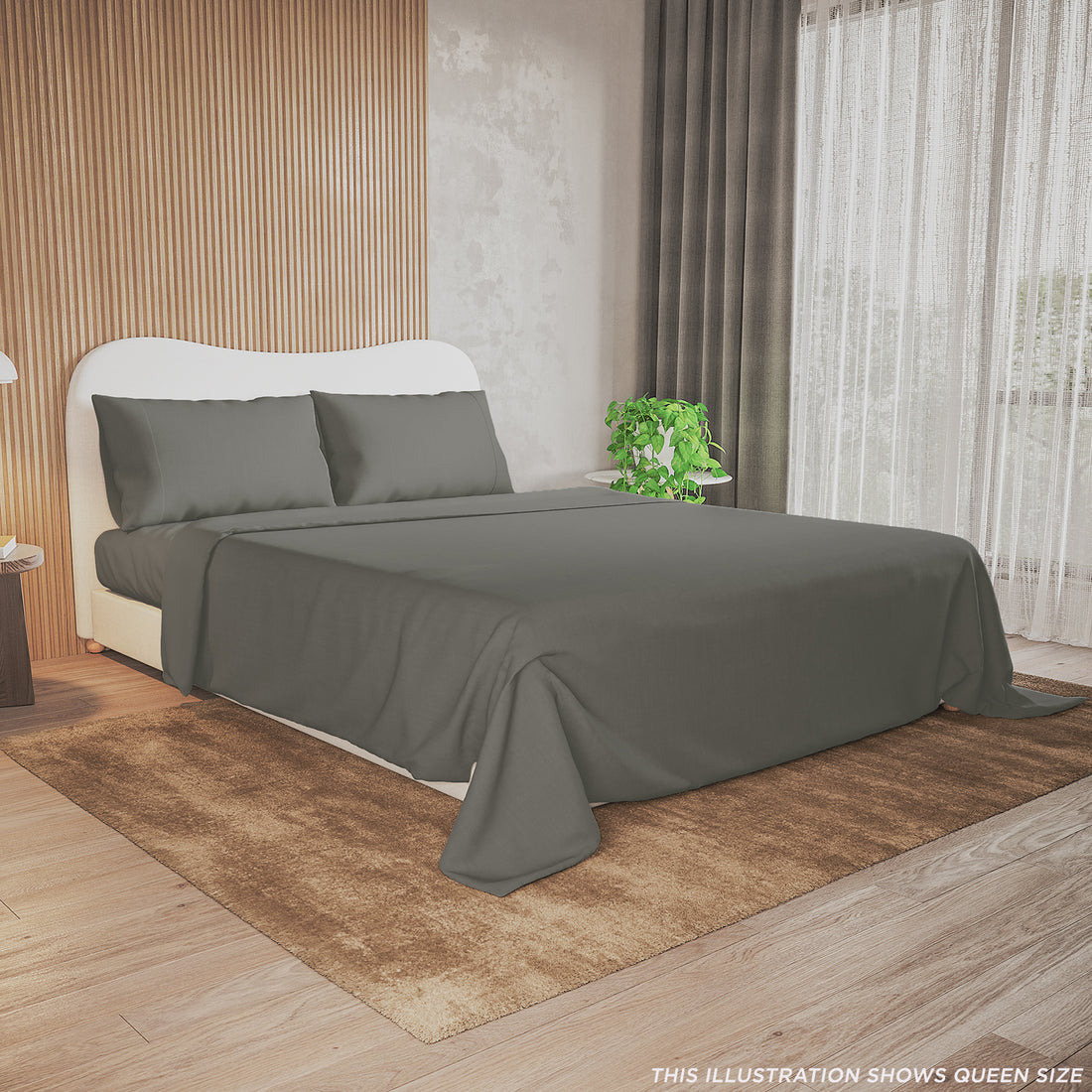 Valeria 1000TC Ultra Soft Bed Sheet Set in grey, shown on a queen size bed with fitted sheet, flat sheet and two pillowcases