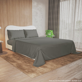 Valeria 1000TC Ultra Soft Bed Sheet Set in grey, shown on a queen size bed with fitted sheet, flat sheet and two pillowcases