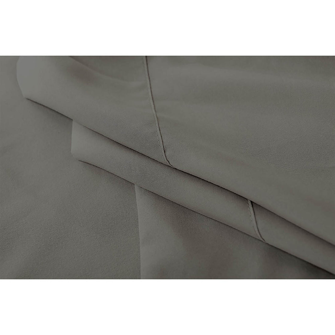 Close-up of grey Valeria 1000TC bed sheet set showing folded edges and stitching detail
