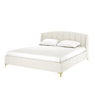 Lyra Velvet Bed Frame with Winged Headboard - Cream White King, featuring a tufted, padded headboard and smooth velvet fabric, showcased on a bed with a white pillow.