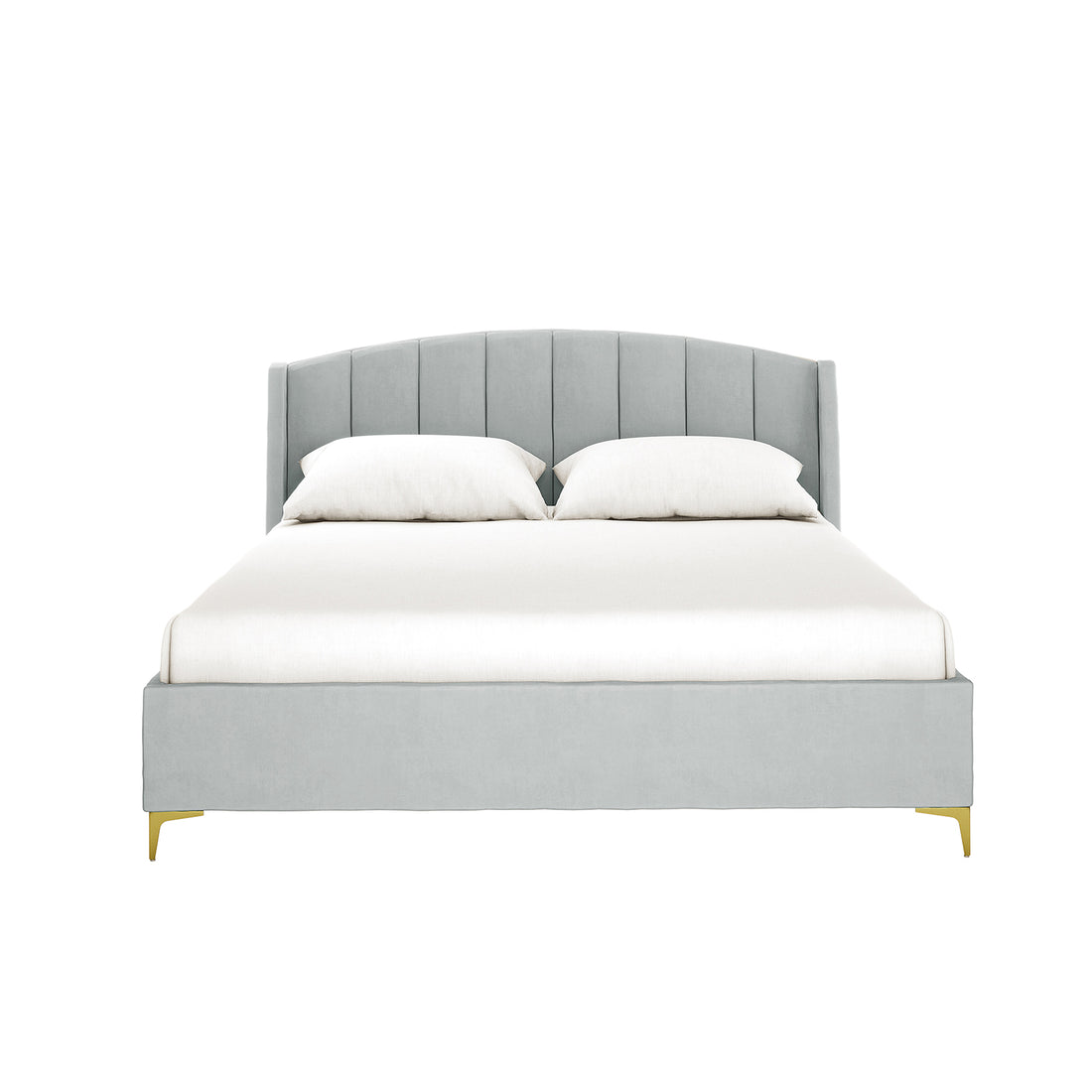 Lyra light grey queen bed frame with curved velvet winged headboard, vertical channel tufting and gold metal legs
