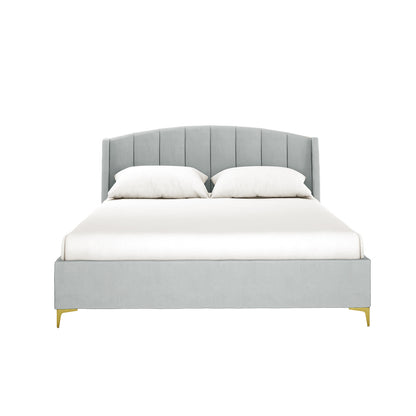 Lyra light grey queen bed frame with curved velvet winged headboard, vertical channel tufting and gold metal legs