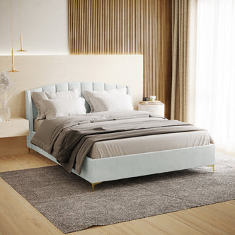 Lyra light grey velvet queen bed frame with vertical tufted winged headboard and gold legs