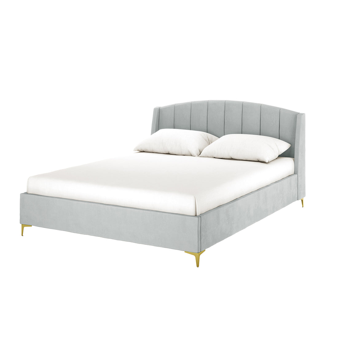 Lyra light grey velvet queen bed frame with vertical channel tufted winged headboard and gold legs